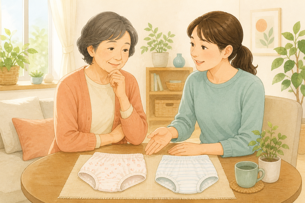 紙パンツを無理に勧めず、家族が本人と選択肢を話し合っているイラスト