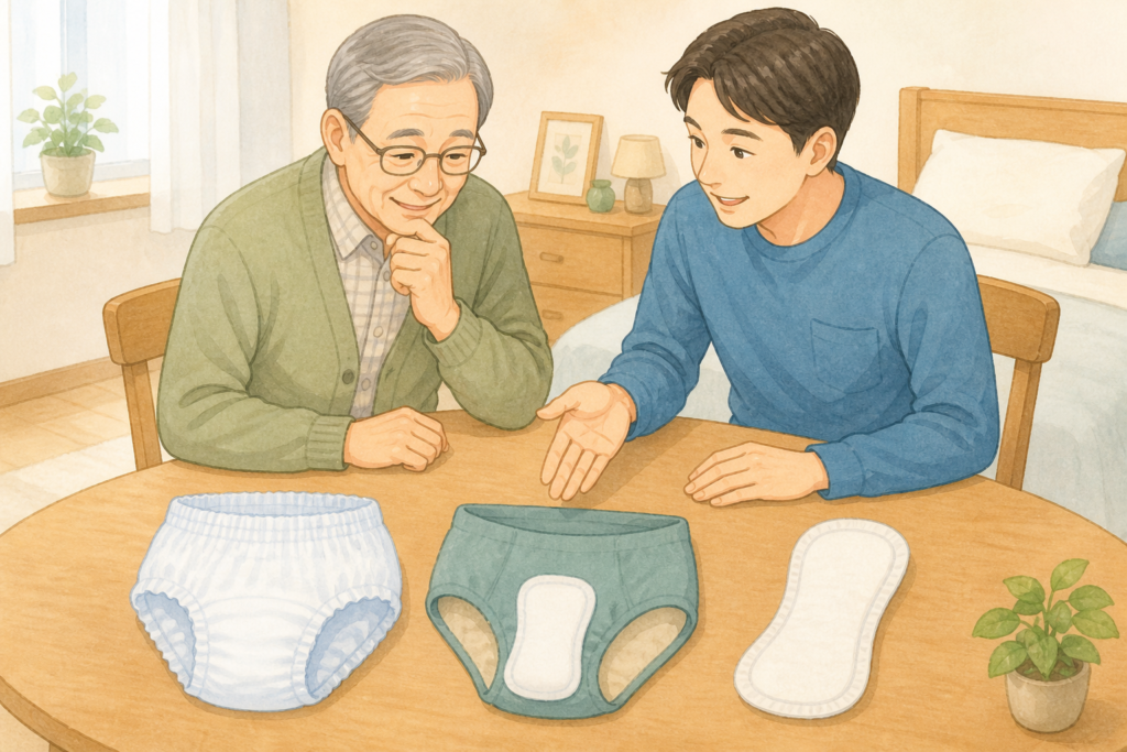 紙パンツ、布下着と尿とりパッド、吸収パッドを家族と本人が比較しているイラスト