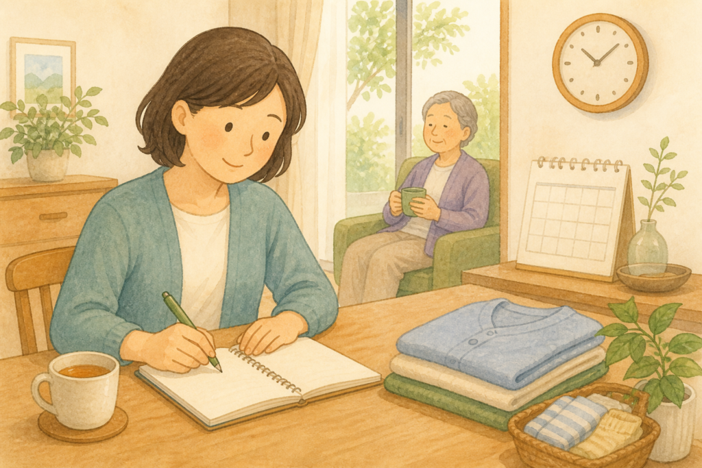 家族が介護の様子をノートに記録し、生活の傾向を確認しているイラスト