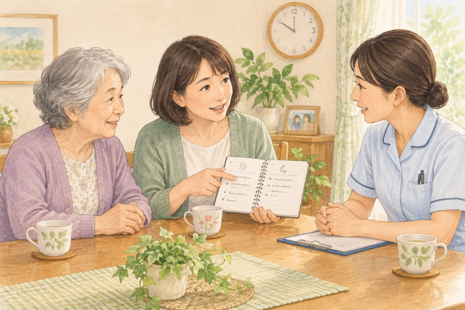 昼と夜の様子を書いたメモを見ながら、本人と家族が相談するイラスト